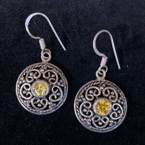 Beautiful Earrings -Silvertone - Yellow Stone
